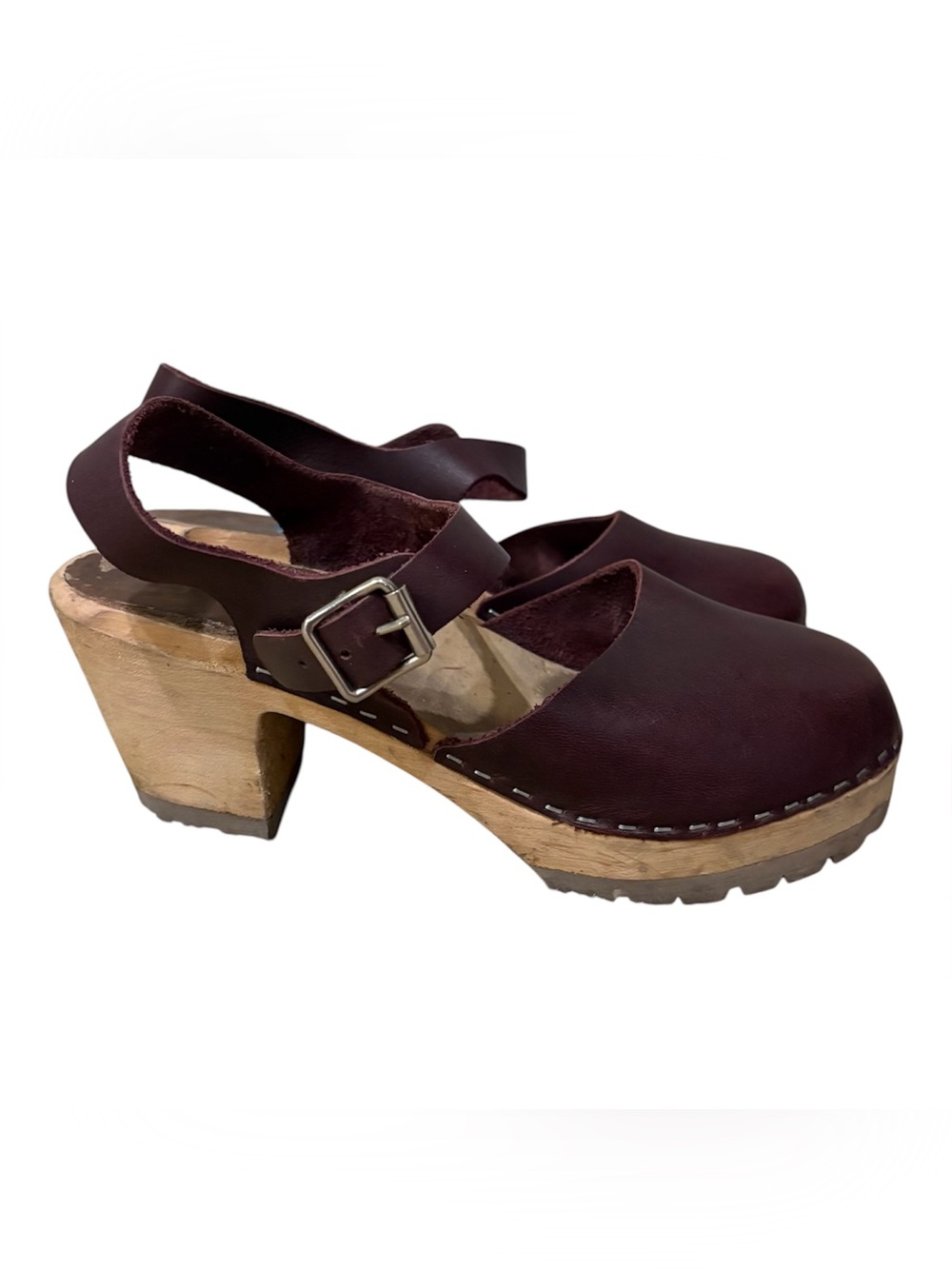 MIA Swedish ABBA Wine Clogs Leather Wood Heel Burgundy Maroon Buckle Sz 39